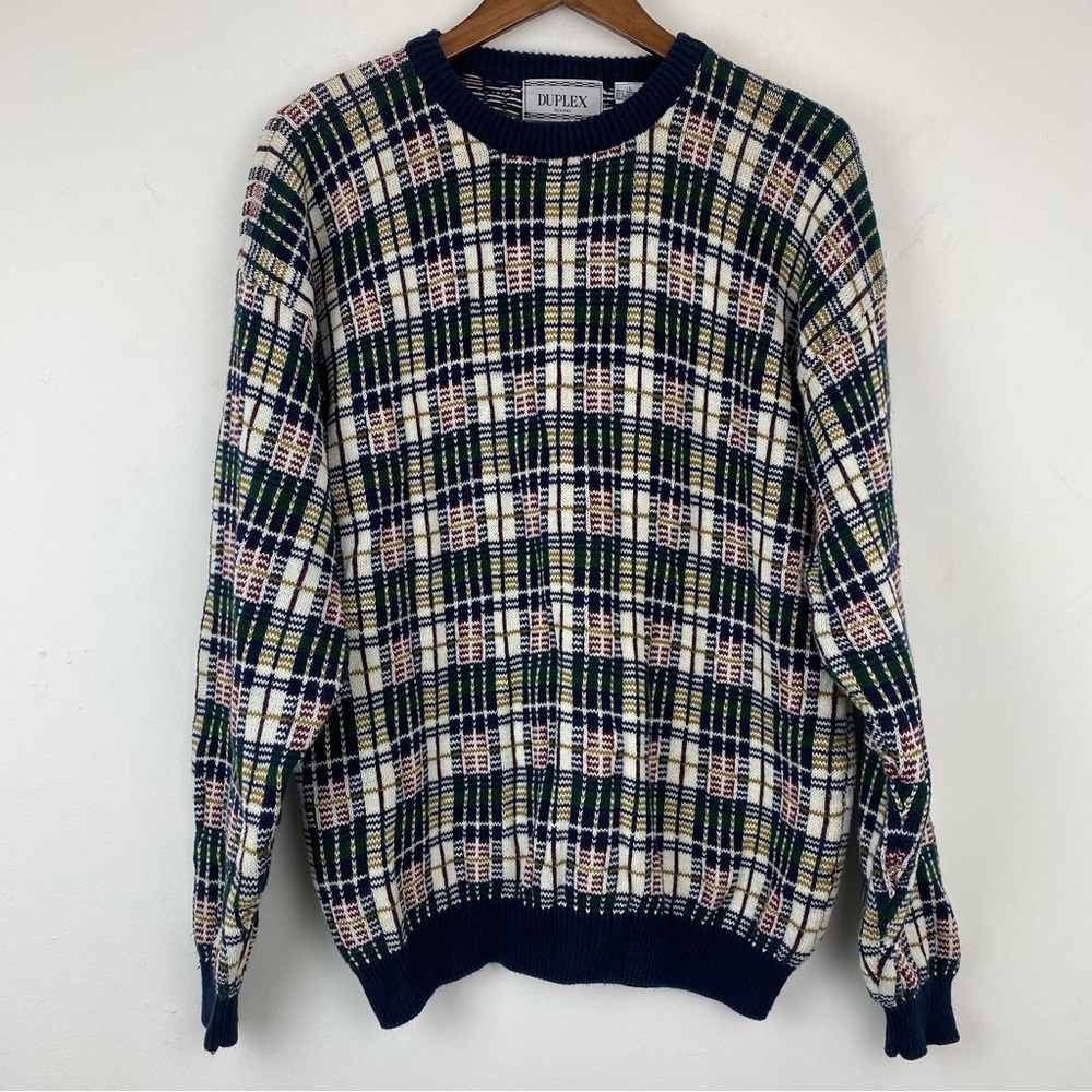 Vintage Duplex Designs size Large Men’s Blue Green Plaid Pullover Knit Sweater